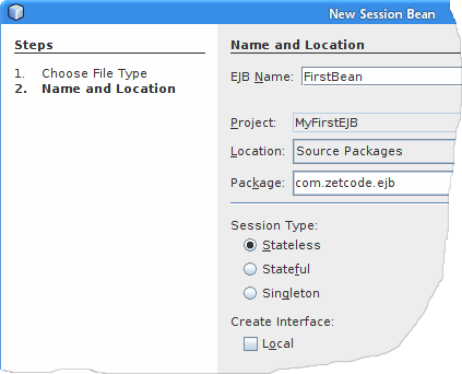 Creating a new session bean in NetBeans