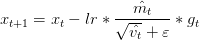 x_{t+1}= x_t - lr*\frac{\hat{m_t}}{\sqrt{\hat{v_t}} + \varepsilon }*g_t